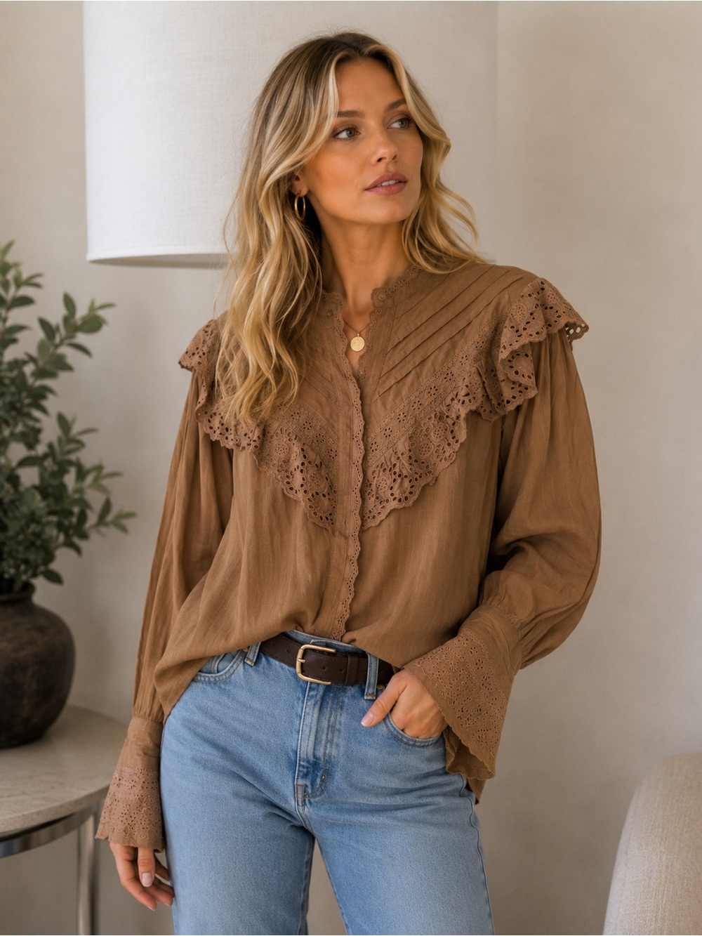 Free People Brown Lace Yoke Blouse